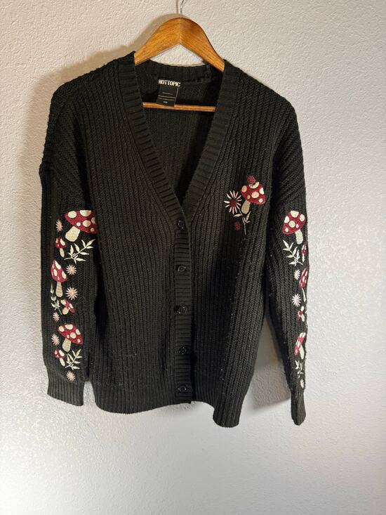 Hot Topic Sweaters - Hot Topic Medium Black Mushroom Floral Embroidered Knit Cardigan